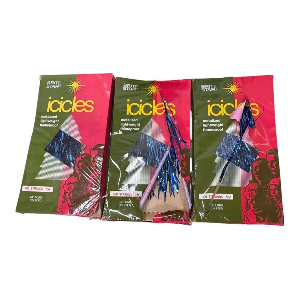 Vintage Brite Star 18" Long Icicles Lightweight Flameproof Blue Lot Of 3 Packs
